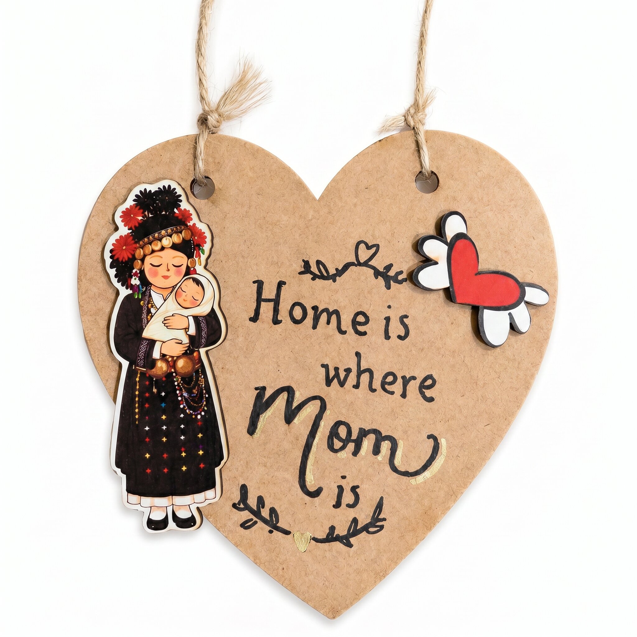 Ξύλινη Κρεμαστή Καρδιά Home is where Mom is με επιλογή